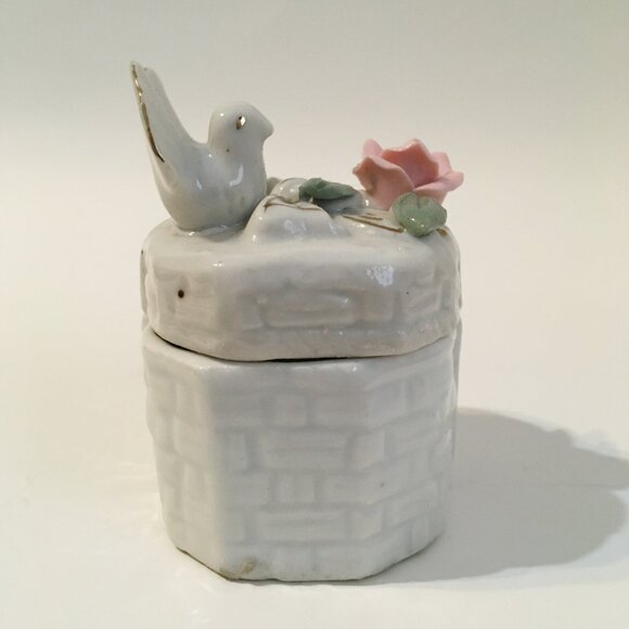 Pink Rose Dove Trinket Box Birds Flower Bow Jewelry Treasure White Porcelain - Picture 3 of 10